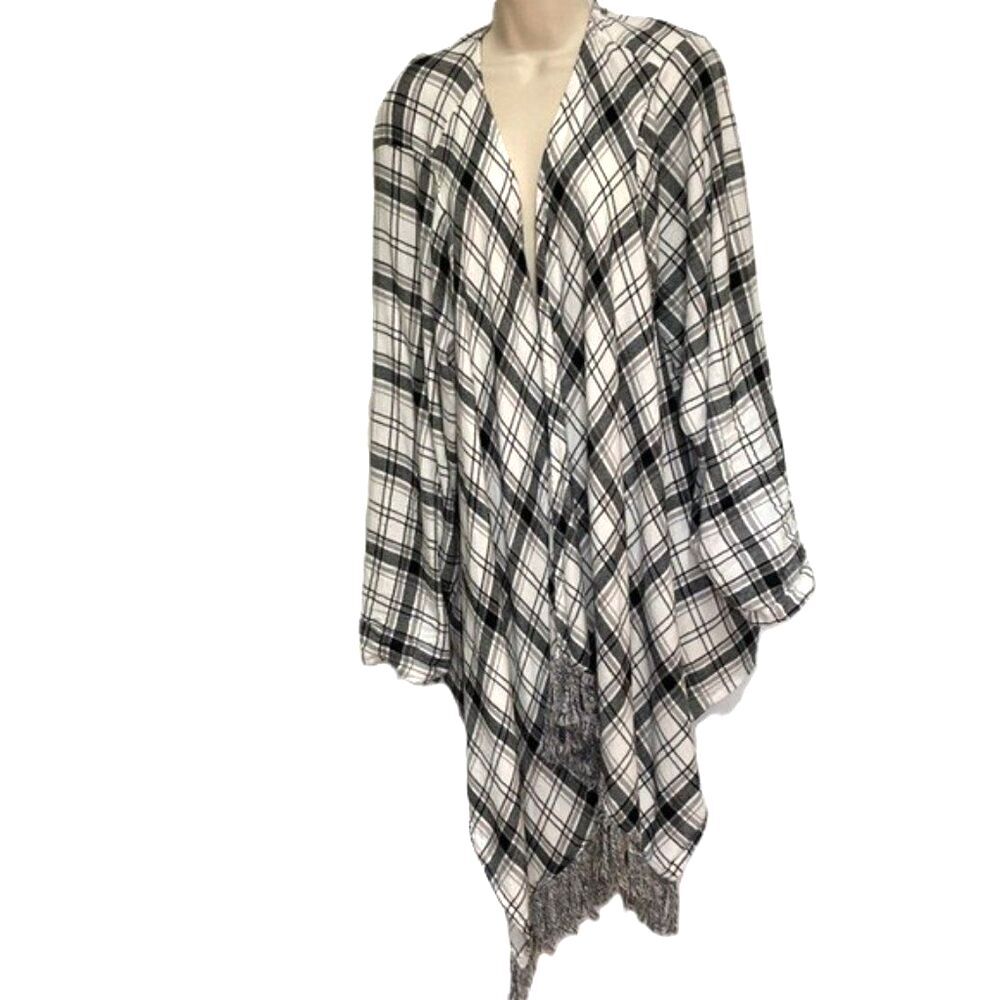 TORRID Black White Gingham Checkered Fringed Rolled Tab Sleeve Cardigan Kimo 4X